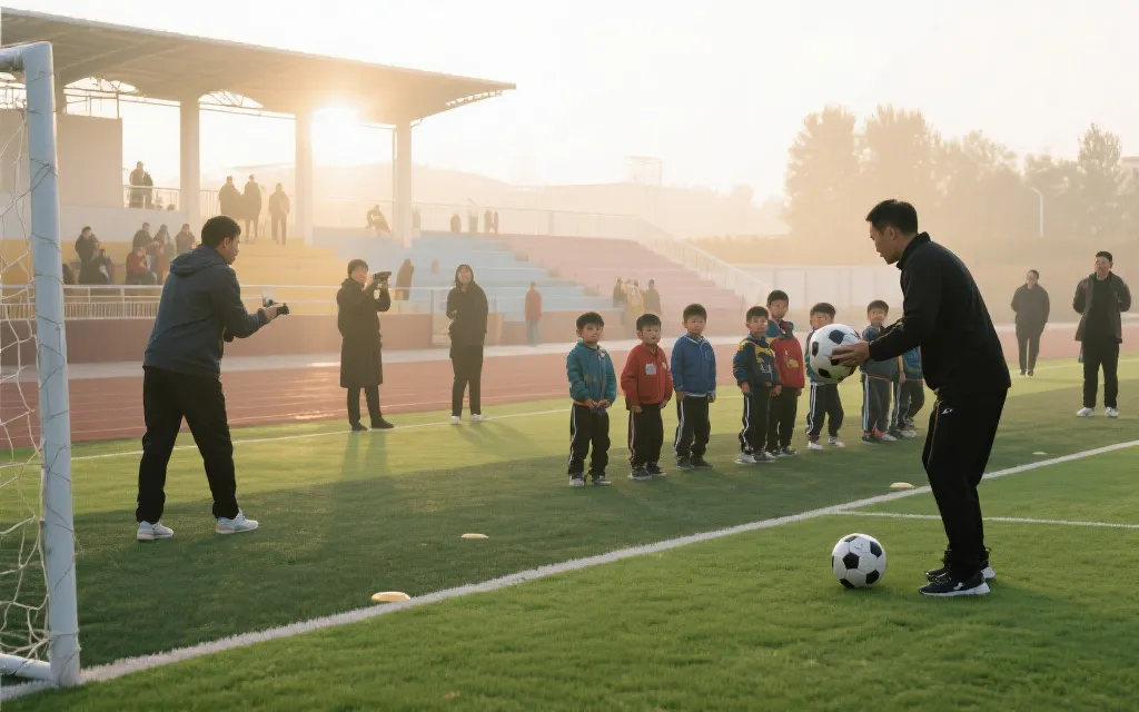 学校操场上，孩子们在教练指导下进行足球训练，家长在看台边记录，清晨柔光，纪录片风格
