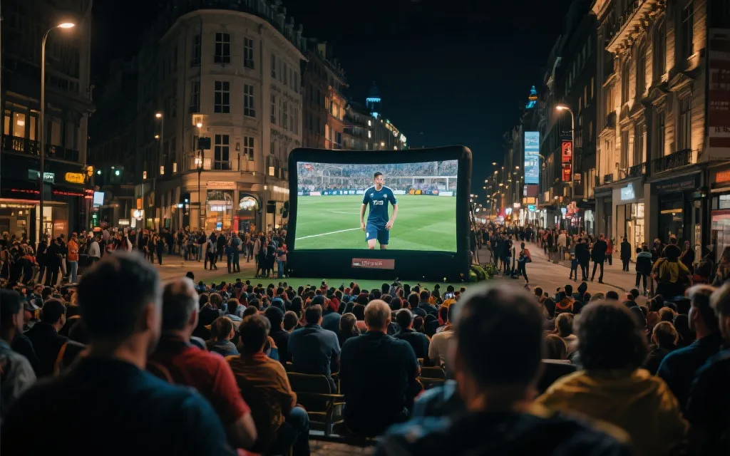 夜晚城市街头的球迷人群与大屏幕观赛氛围，旅行与足球融合