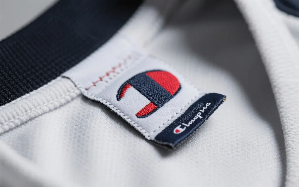 近景展示球衣吊牌、洗标与刺绣细节的对比检查，画面干净、理性、像在做质检