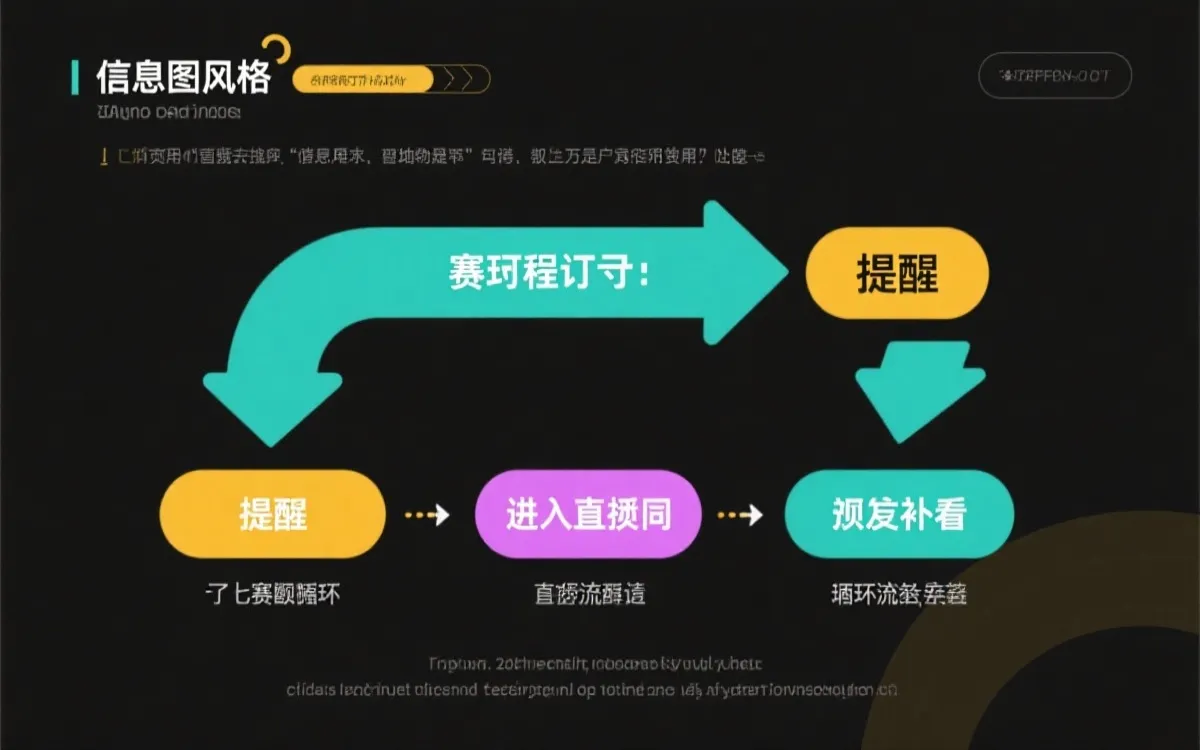 赛事提醒流程示意：日历订阅、闹钟、App推送与回放补看形成闭环