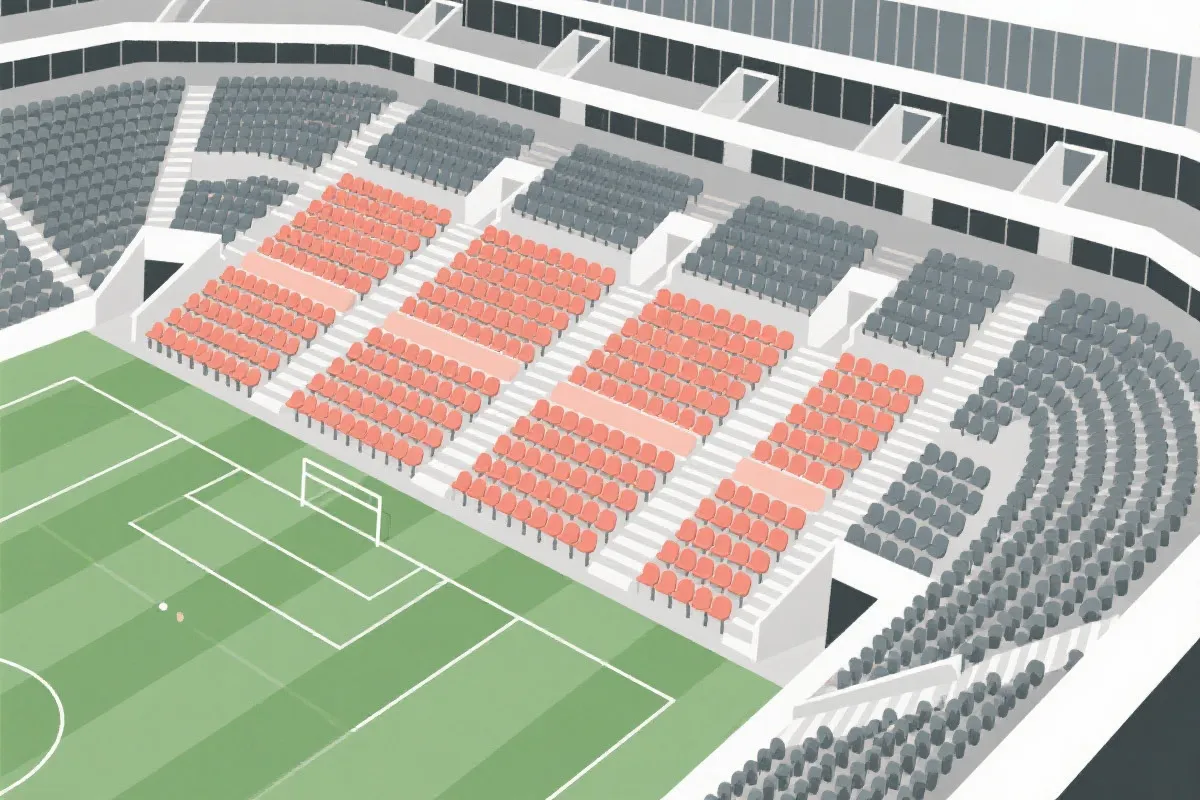 球场座位分区示意风格插图，包含中线与球门后区域的对比